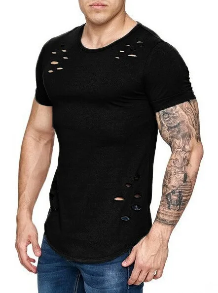 Mens Summer Fashion Casual Pure Color Hole O-Collar Short Sleeve Tops 3XL, Black T-Shirts for Men 