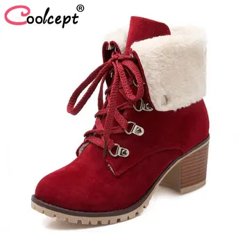 

Coolcept Size 34-43 Ladies Thick Fur Ankle Boots Women High Heels Short Boots With Fur Shoes Women Winter Warm Botas Footwear