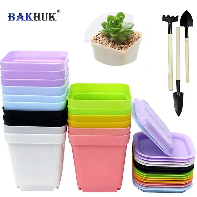 BAKHUK 16pcs Plastic Plant Pots with Saucer, Flower Pot, 3 sets Planting Tools as Gift,  7 Colors