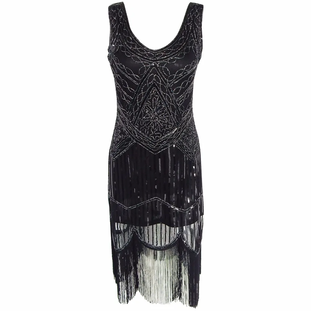 

Women's 1920s Sequin Beaded Tassels Hem Flapper Dress Sleeveless Black Silver Thread Embroidery Fringe Great Gatsby Party Dress