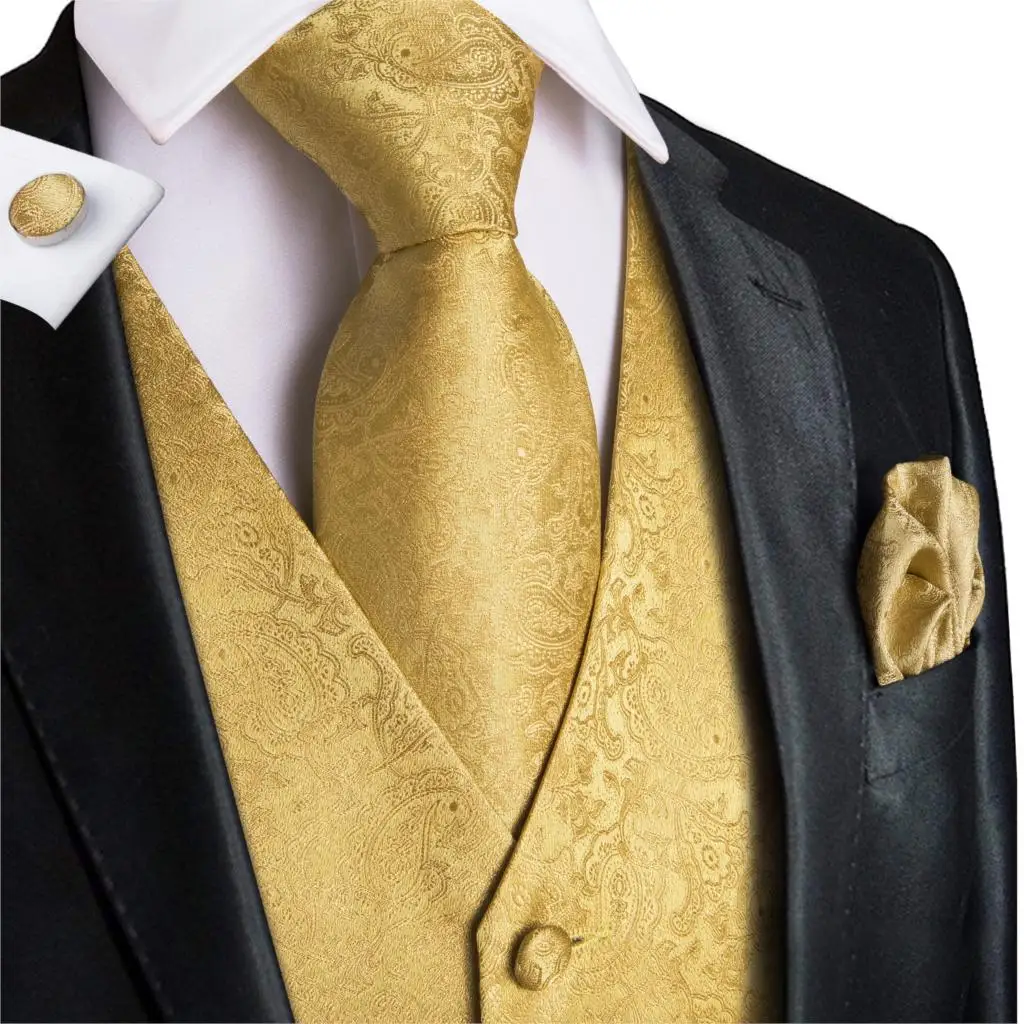 Vest for Men Gold Suit Vest Floral Waistcoat Slim-Fit Tuxedo Paisley Tie Set Cufflinks Gift for Wedding Business Hi-Tie VE-0009