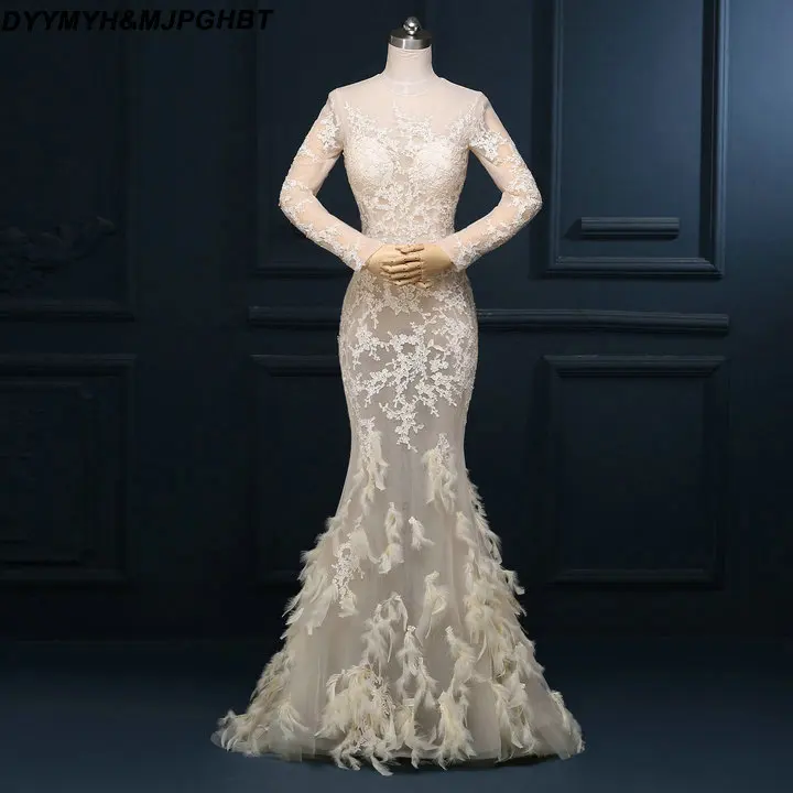 

Sexy Illusion Lace Evening Dresses with Feather Skirt O Neck Long Sleeve Evening Gowns