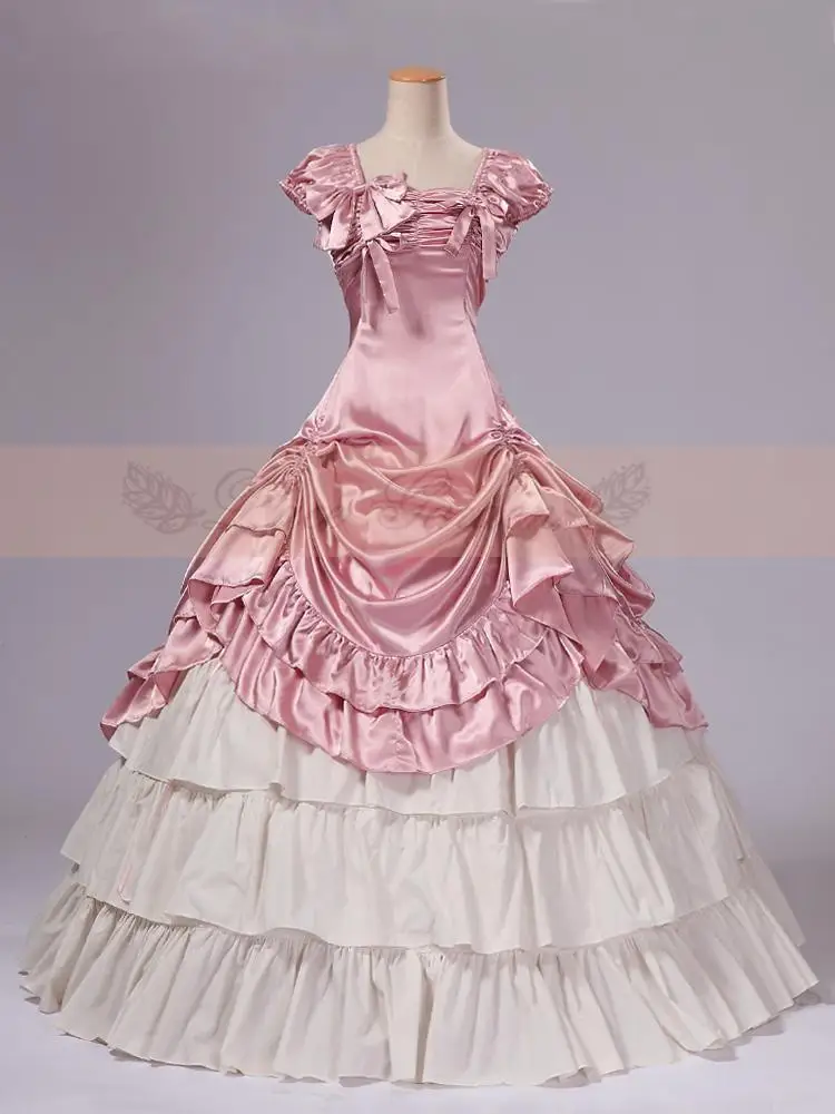 Розовое и Белое Атласное классическое викторианское платье Топ длинное женское платье