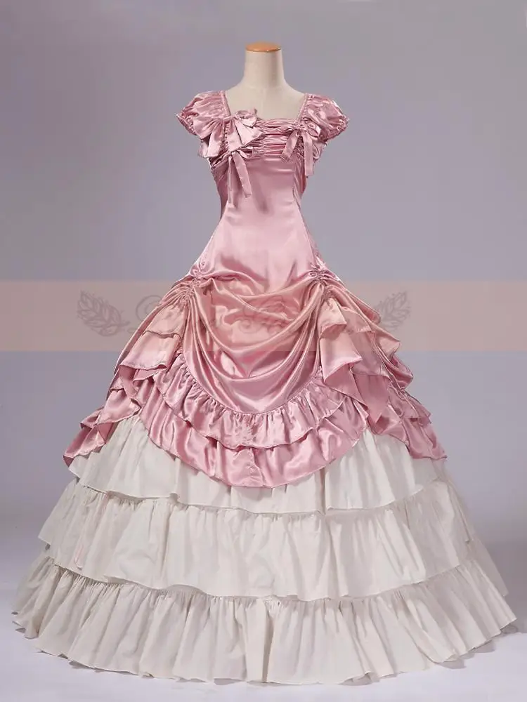 Roze en Wit Satijn Klassieke Victoriaanse Jurk Top Sale Lange Vrouwen Jurk Roze en Wit Satijn Klassieke Victoriaanse Jurk Top Sale Lange Vrouwen Jurk