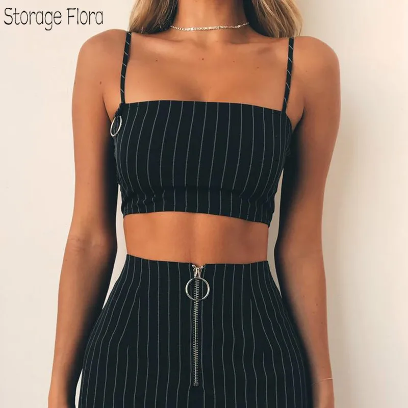 

Storage Flora Sexy Striped Two Piece Sets (Crop Camis +Skirts )2 Piece Set Women Backless Camis Mini Dress Feminino Tracksuit