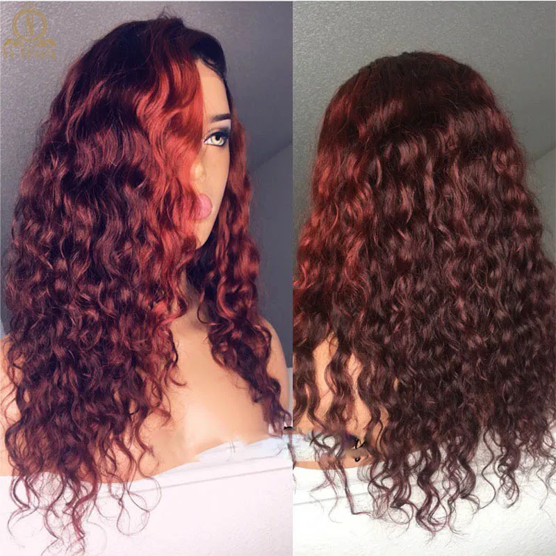 Темно-красный Цветной 13x6 Синтетические волосы на кружеве парики из натуральных волос кудрявый парик предварительно фронта шнурка с детскими волосами для Для женщин Nabeauty 150