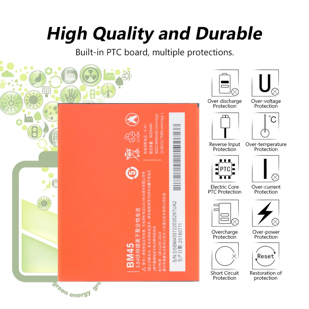 3060 мАч BM45 перезаряжаемая литиевая литий-полимерная аккумуляторная батарея настоящая BM-45 батарея BM 45 для Xiaomi Redmi Note 2 Hongmi Note 2