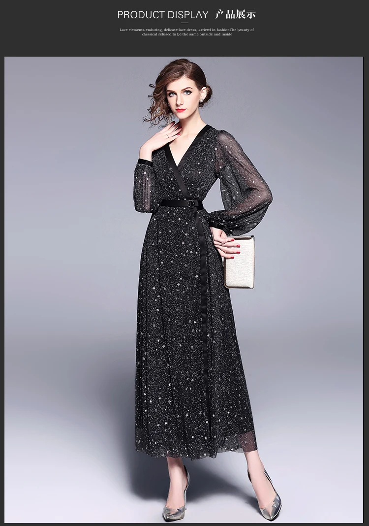 SMTHMA высокое качество женское платье с рукавом-фонариком Сексуальное Черное длинное платье с v-образным вырезом и пентаграммой