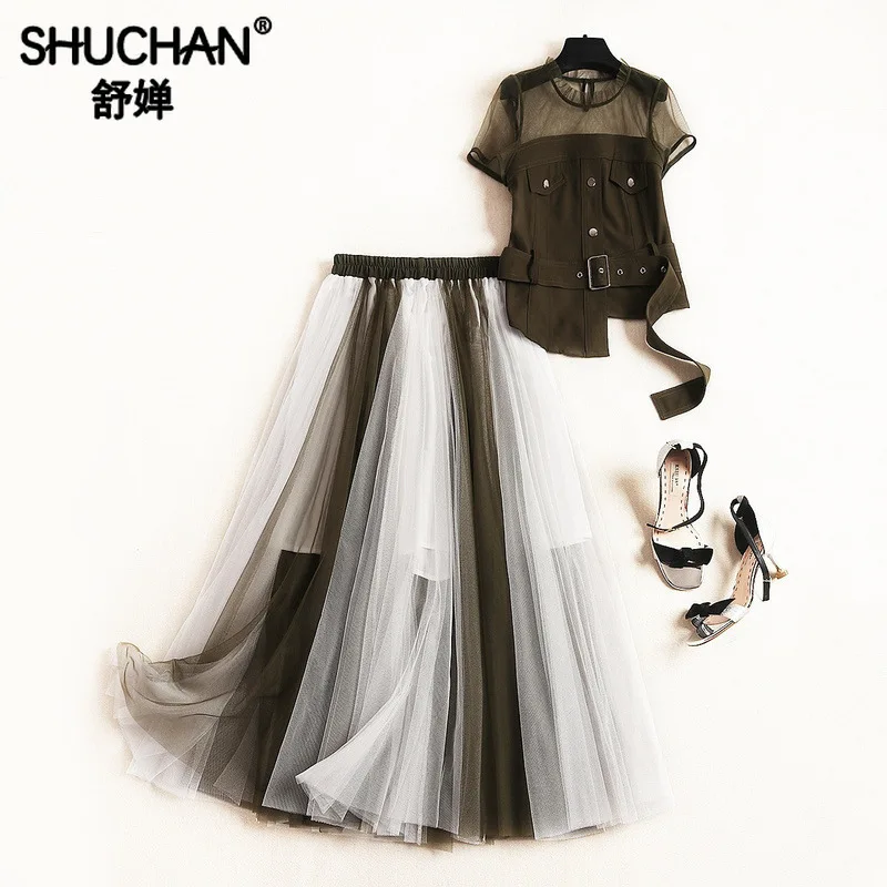 

Shuchan Womens Two Piece Sets 2019 Office Lady Designer 2 Pieces Set Matching Sets for Women Top+skirts Elastic Waist 51362