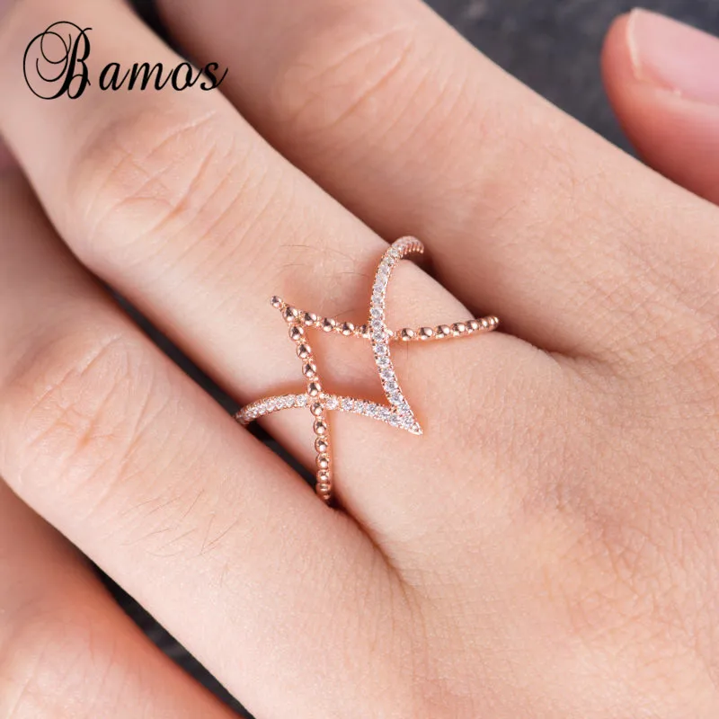 Bamos Rose Gold Color Double V Ring Tiny Zircon Cross Midi Rings For Women Simple Geometric Jewelry 2018 New Arrival | Украшения и