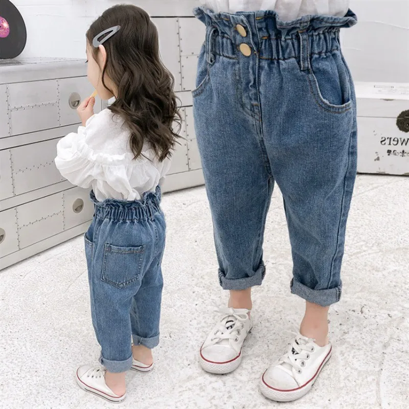 Детские повседневные джинсы с эластичной резинкой на талии для маленьких девочек джинсовые штаны брюки на лето и осень