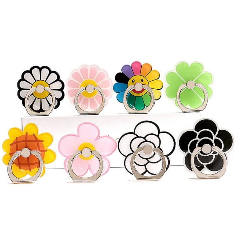 360 degree crystal ring buckle mobile phone holder cartoon small fresh flower adhesive tape metal ring For iphone iPod