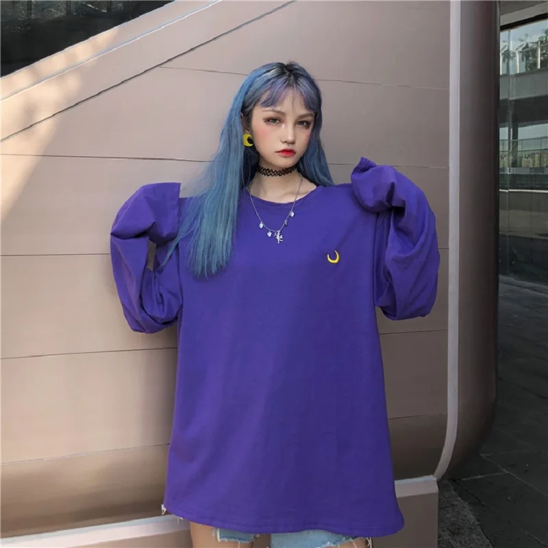 

Harajuku Girls Style Purple Long-Sleeved Top Tee Moon Embroidery Loose Spring Round Collar T-Shirts Women