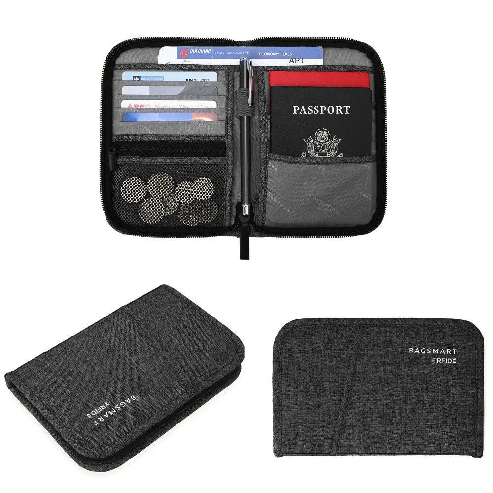 BAGSMART Multifunction Travel Passport Bag RFID Passport ID Card Holder Bank Card Bag Clutch Holder Zipper Case Purse