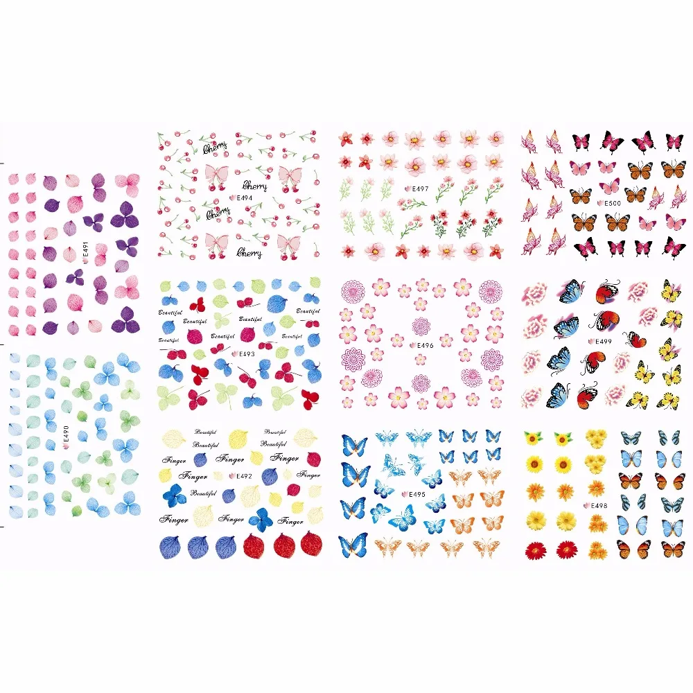 

11 PCS / LOT SIMULATION SELF-ADHESIVE 3D NAIL TATTOOS STICKER AUTUMN FALL LEAF CHERRY BUTTERFLY DAISY E490-E500