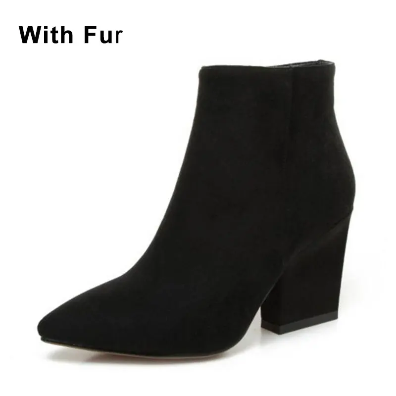 Taoffen Women High Quality Pointed Toe High Heels Ankle Boots Office Ladies Sexy Zipper Shoes Woman Motorcycle Boots Size 32-43 - Цвет: black fur