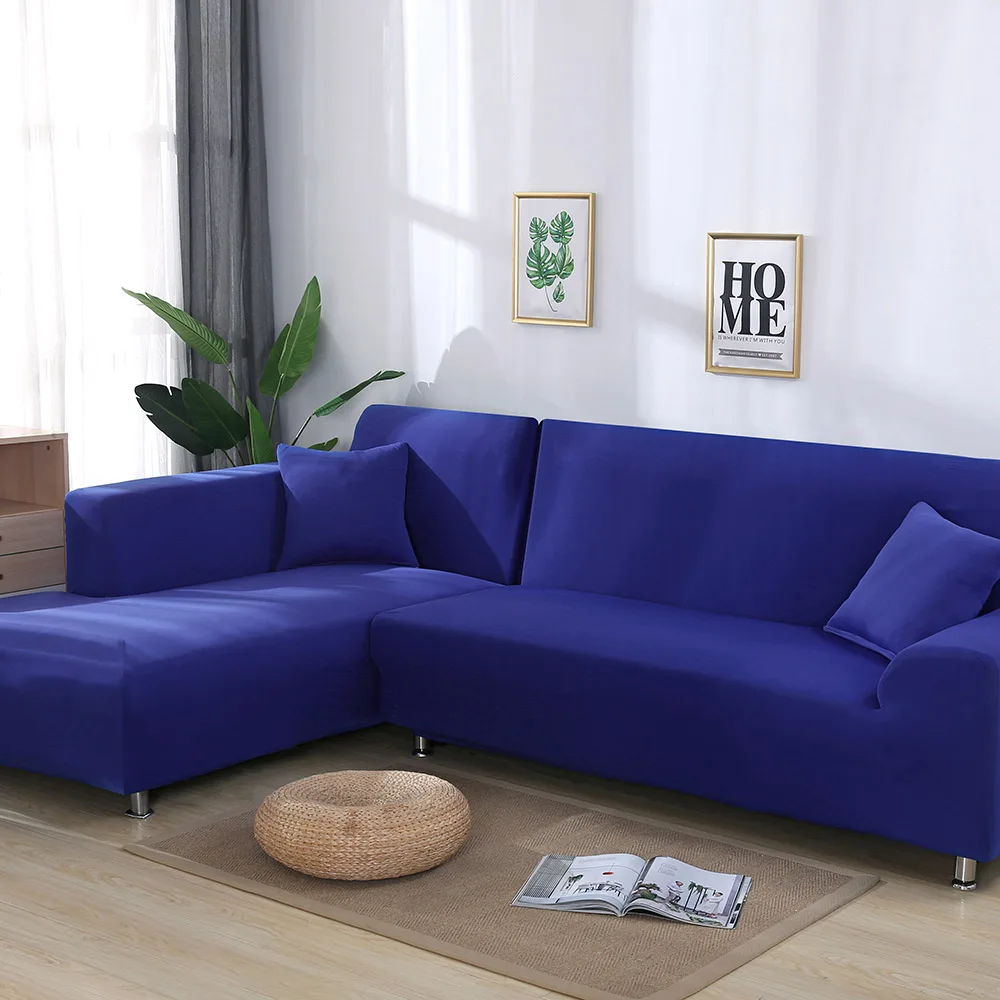 Однотонные Угловые чехлы для диванов для гостиной, эластичные чехлы для диванов для домашних животных, эластичные секционные чехлы для диванов - Цвет: Синий