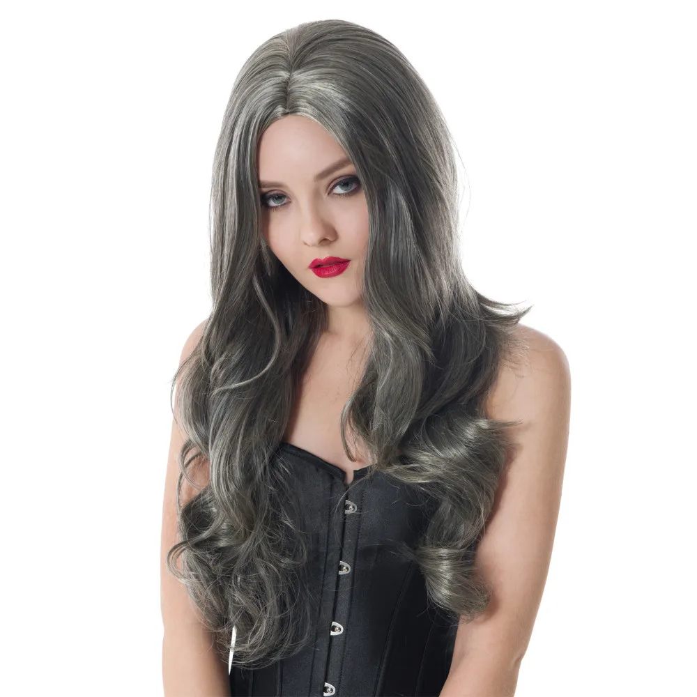 

2016 Fashion 65CM Cosplay Gray Wigs For Black Women Punk Lady Costume Halloween Long Curly Wavy Full Natural Cheap Hair Wig