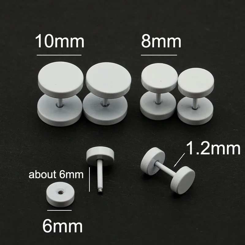 2PCS Fashion Men's Women's Ear Studs Earrings Fake Ear Plugs White 6mm 8mm 10mm Screw Round Barbell Jewelry Stainless Steel Punk2