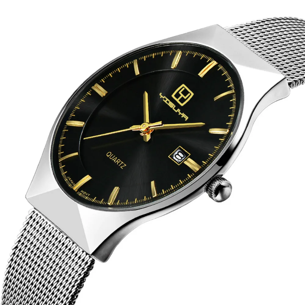 Skup YISUAY luksusowe markowe zegarki męskie Ultra cienka siatka ze stali nierdzewnej kwarcowy zegarek na rękę męski kalendarz biznesowy zegarek 2017