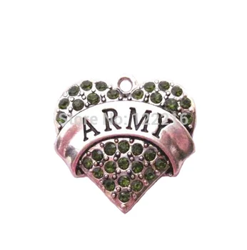 

50pcs a lot fashion rhodium plated ARMY with green crystal heart Pendant