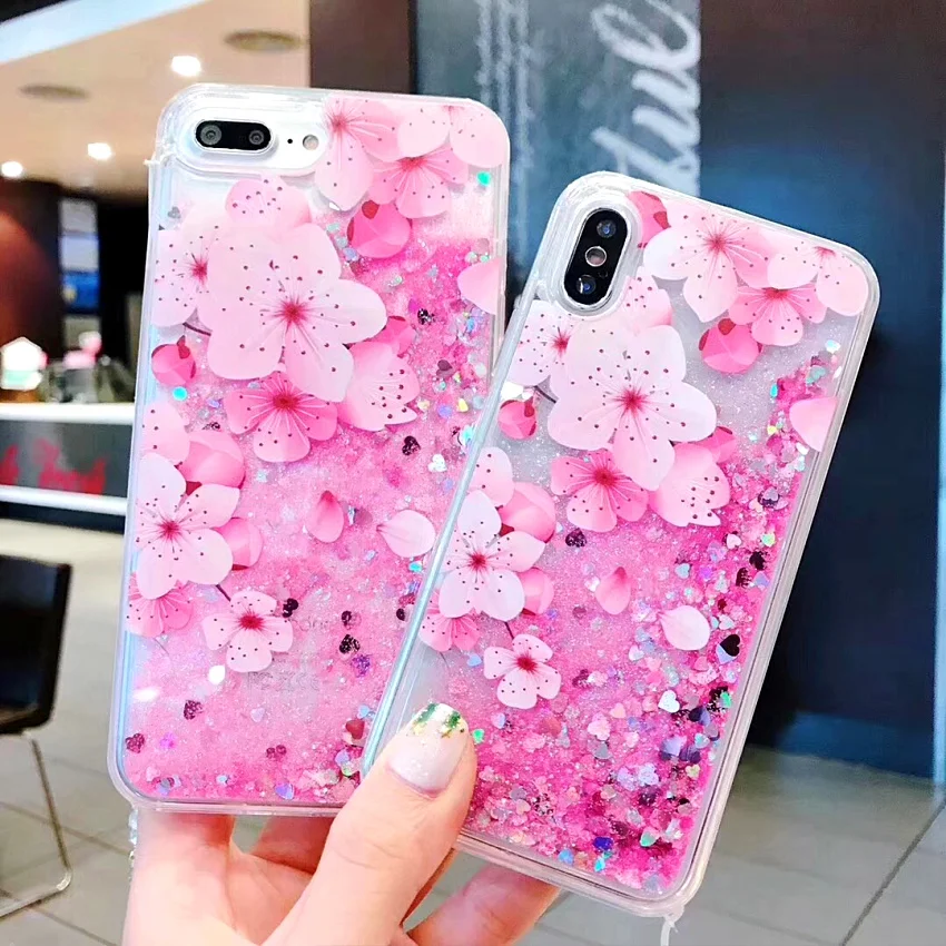PINK LIPS Luxury Glitter Quicksand Peach blossom Case For iphone  XR X XS Max 6 6S 7 8 Plus Flower Liquid Case With Crystal rope (1)
