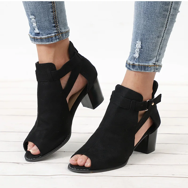 Toe Grande Talla Calzado Negro Sandalias Mujer Grueso Tacones gris Peep Medio Zapatos De Casual Retro Femenino Verano Hebilla Gladiador naranja Correa Moda xqwSwFI46