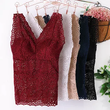 Women Floral Cami Padded Bra Tank Top Sexy Lace Cami Bralette Crochet Flower Bra Vest Women's Bra Crop Top floral lace yoke pearl detail top