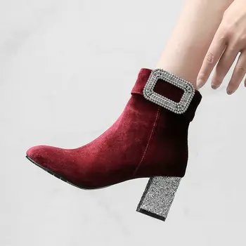 

Fashion Square Toe Velvet Ankle Boots for Women Block High Heel Short Boots Party Wedding Bride Winter Boots Woman Shoes 2019