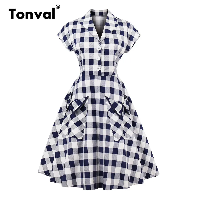 

Tonval Elegant Plaid Vintage Retro Dress A Line V neck Button Cotton Retro Dress Women Pockets Short Sleeve Dresses