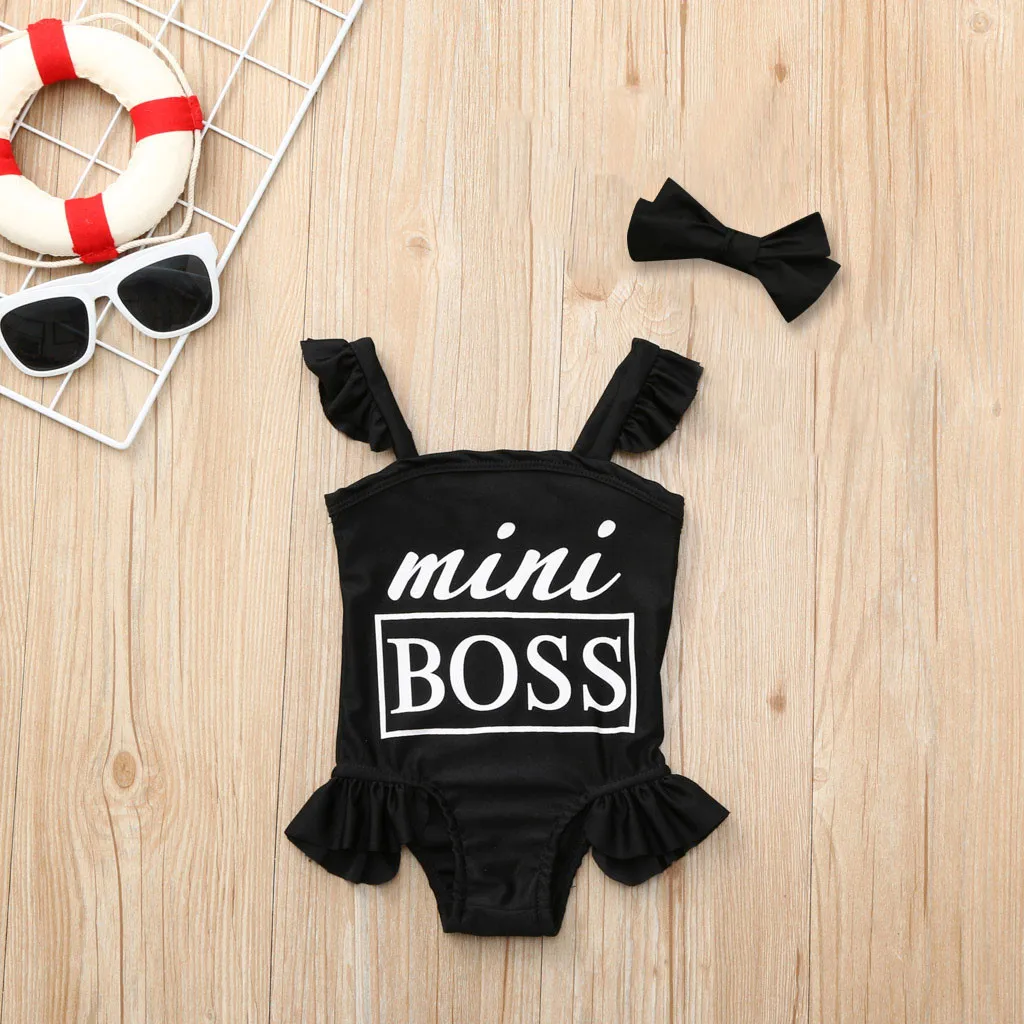 Детский слитный купальник без рукавов с оборками и надписью «Mini Boss» для маленьких девочек, одежда для купания+ повязка для волос, купальный костюм, купальник-бикини