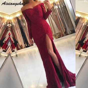 

Long Sleeves Burgundy Prom Dresses 2019 Mermaid Off the Shoulder Split Front Lace Prom Dress with Beaded Elegant Party Gowns