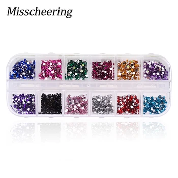Cena 1.5-2mm Okrągłe Akrylowe Cyrkonie 1 Box Mieszane 12 Kolorów Z Płaskim Powrotem 3D Do Paznokci Kamienie Szlachetne DIY Narzędzia Do Manicure Do Paznokci Dekoracji Diamentów