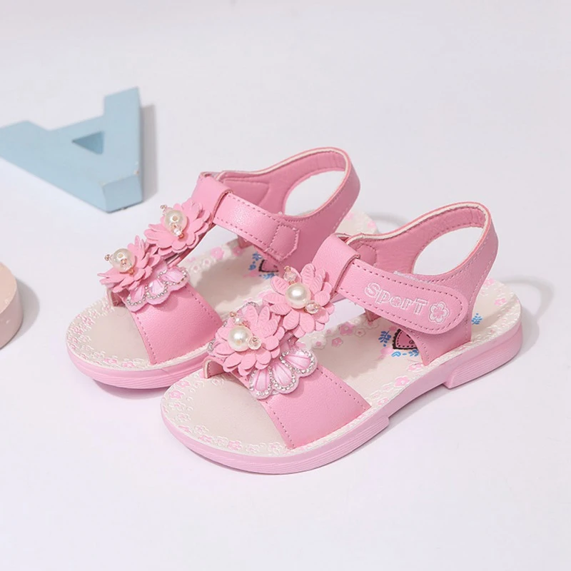 

Summer Baby Girl Sandals Soft Soled Pearl Floral Design Princess Sandals Casual Breathable Anti-slip Walking Shoes