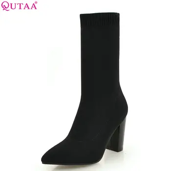 

QUTAA 2020 Sock Boots Fashion Women Shoes Knitting Square High Heel Women Ankle Boots Pointed Toe Women Boots Big Size 34-43