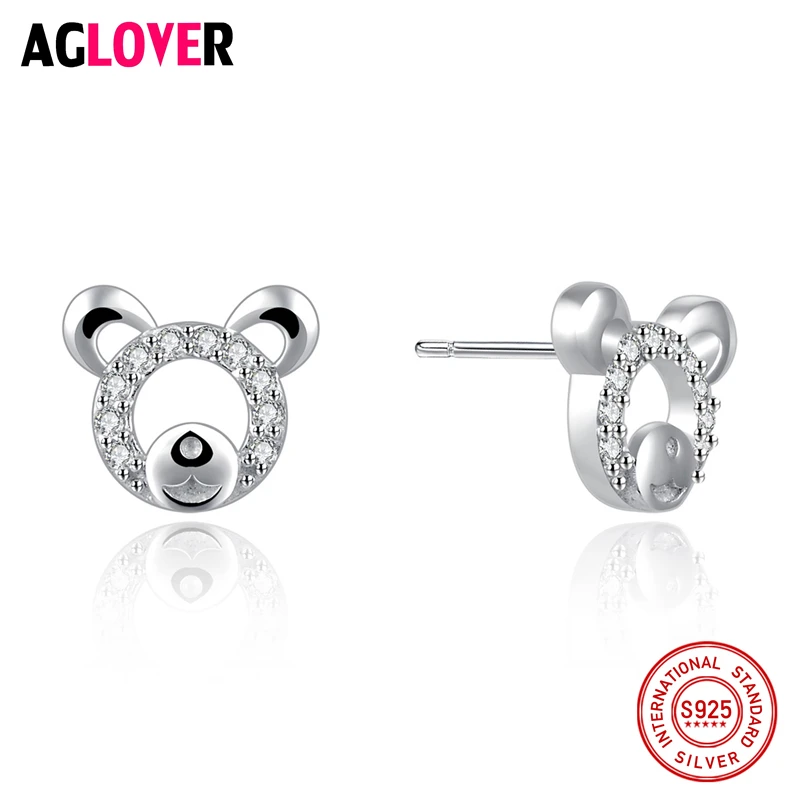 

2018 Cute Bear Design Sterling Silver 925 Earrings for Lovers Genuine Silver Women Stud Earring With AAA CZ Jewelry