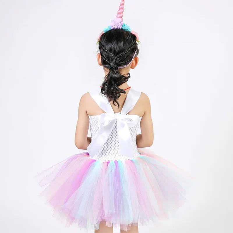 Girls Unicorn Flowers Tutu Dress With Headband Cotton Lining Matching Horn Hair Hoop Set for Kids Birthday Theme Party Dress