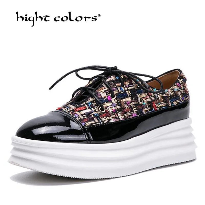 

Hight Colors Brand 2019 Hidden Heels Women Platform Wedge Sneakers Ladies Beige Black Shoes Female Casual Lace-Up Pumps P-09-2