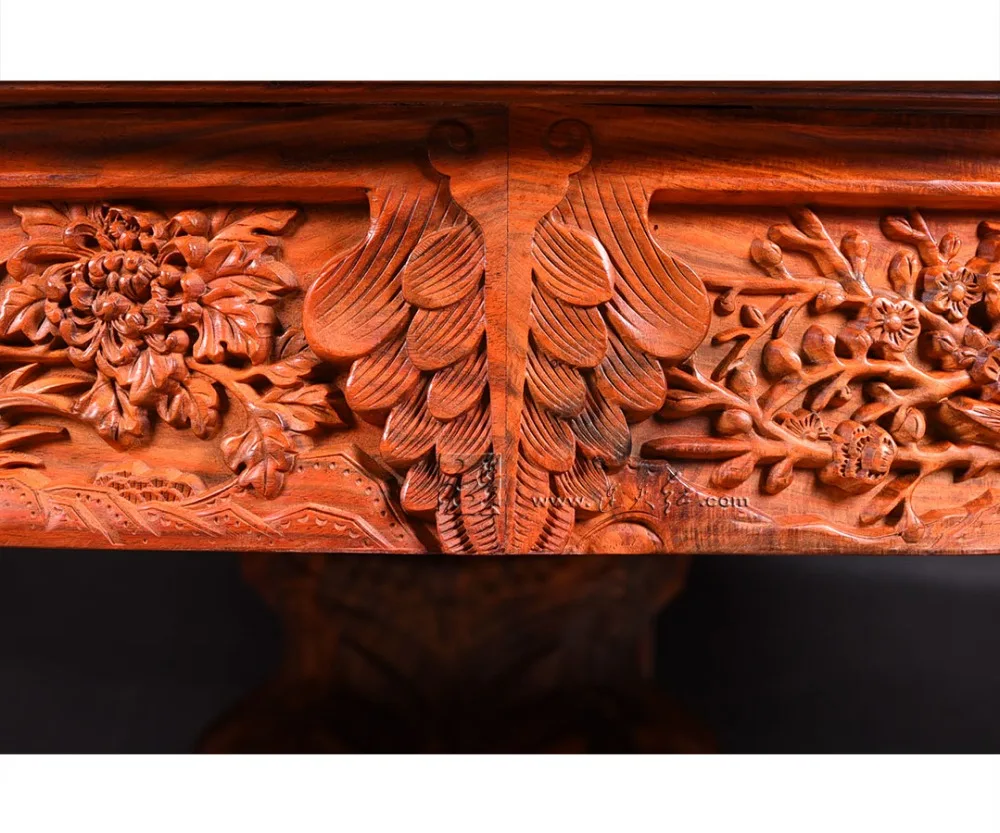 Carved Round Table Rosewood Classic Garden outdoor Desk Solid Wood Living Room Coffee Tea Furniture Annatto flower bird carving