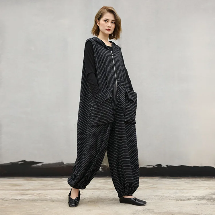 

2018 female new autumn plus size pants stripe with hood lantern casual fashion loose jumpsuits and Rompers