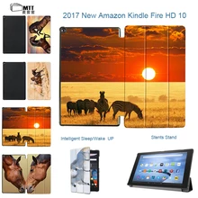 MTT Print Horse for Amazon Kindle Fire HD 10 2017 Tablet Case Fire 10 Case 2017 Slim Smart TriFold Flip Leather Stand Cover Capa