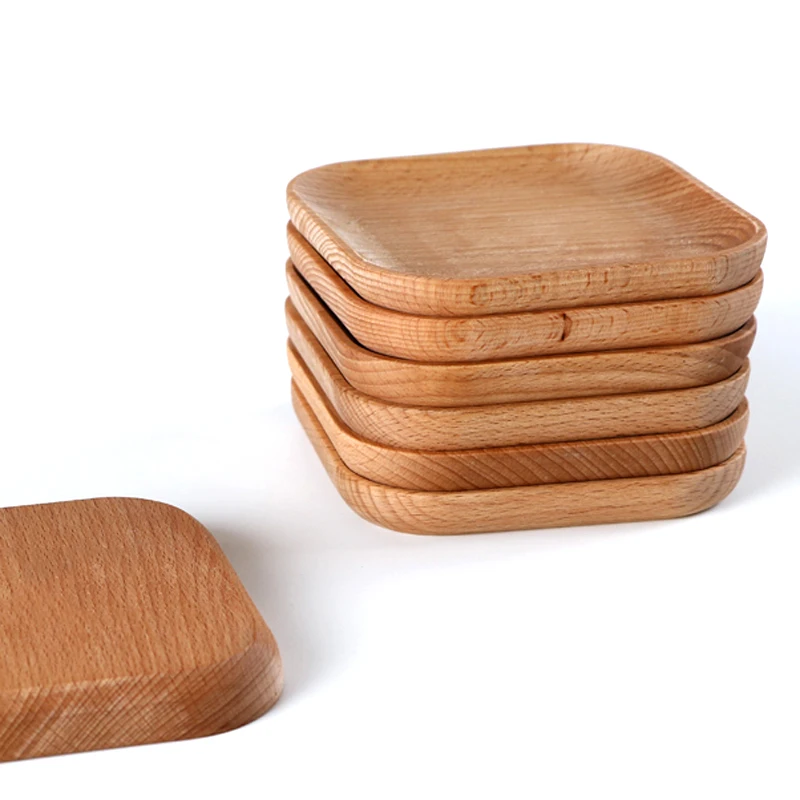 5 Square Cake Tray Natural Wooden Dishes Mini Beech Wood Plate for Sushi Snack Fruit Mug Coaster (4)