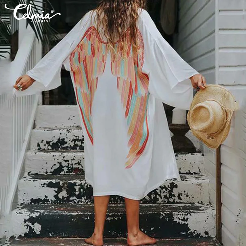 Summer Women Bohemian Wings Print Kimono Cardigan 2019 Celmia Vintage Batwing Sleeve Blouse Female Casual Tunic Tops Shirt S-5XL