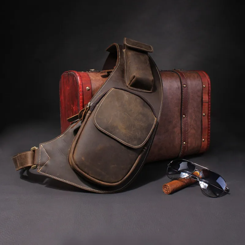 

TIDING Men Crescent Retro Sling Messenger Bag Crossbody Bag Cowhide Leather Chest Pack Bag 2016 New