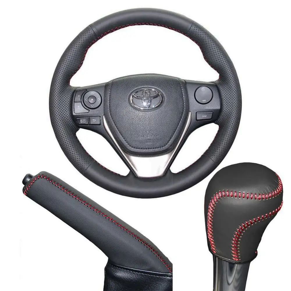 PONSNY автомобильный Редуктор/ручной тормоз/рулевое управление чехол из натуральной кожи для Toyota RAV4 2013 Corolla авто сшитый вручную чехол - Название цвета: 3 PCS SET Red lines