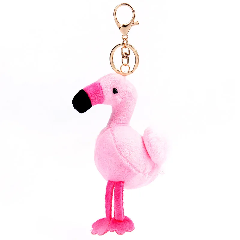 

Pink Plush Flamingo Charm Keychains Fashion Cute Animal Pendant Gold Color Metal Key Chain Ring For Women HandBag Gift