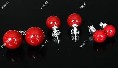 

1 Pir 8mm Red Round South Se Shell Perl 925 Sterling Silver Stud Errings