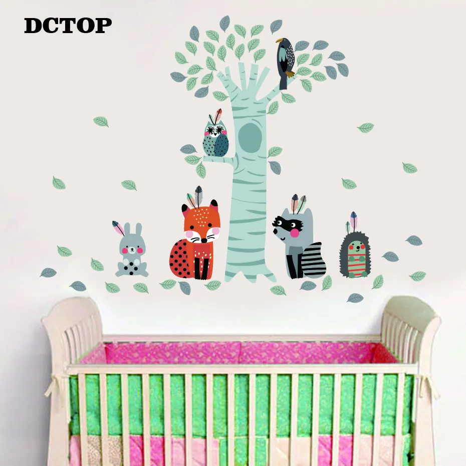 Ameublement Et Decoration Sticker Mural Animaux De La Foret Dessin Anime Renard Avec Des Fleurs De La Feuille Mignon Stickers Decoration Pour La Maison Des Enfants Chambre Pvc Muraux Art Accessoires Et