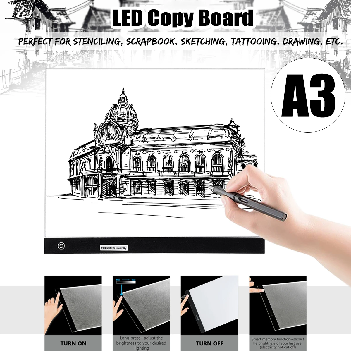 

A3 Art Craft Drawing Copy Tracing Tattoo LED Light Box Board Pad Slim w/USB Cable