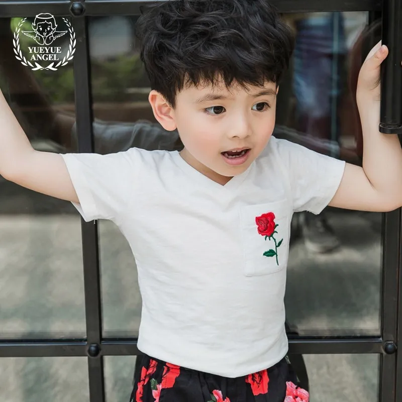 New Arrival Baby Boys White Black Casual T Shirts Embroidery Short